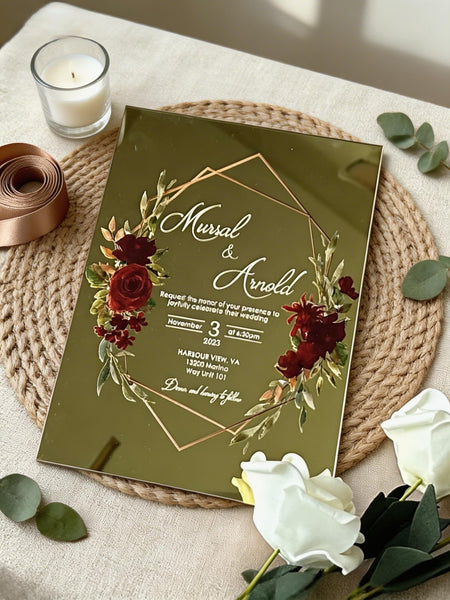 10Pcs Luxury Mirror Gold Acrylic Wedding Invitations,Personalized Quinceanera Cards, Free Custom Design Anniversary Invitations - Kdecoration