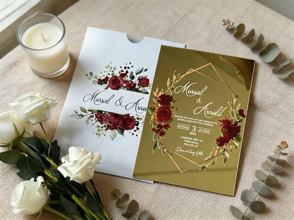 10Pcs Luxury Mirror Gold Acrylic Wedding Invitations,Personalized Quinceanera Cards, Free Custom Design Anniversary Invitations - Kdecoration