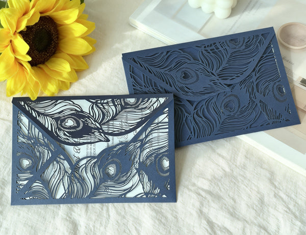 50pcs Pearl Navy Blue laser cut wedding invitations cards,lace invitation cards for birthday engagement bridal invite sleeve - Kdecoration