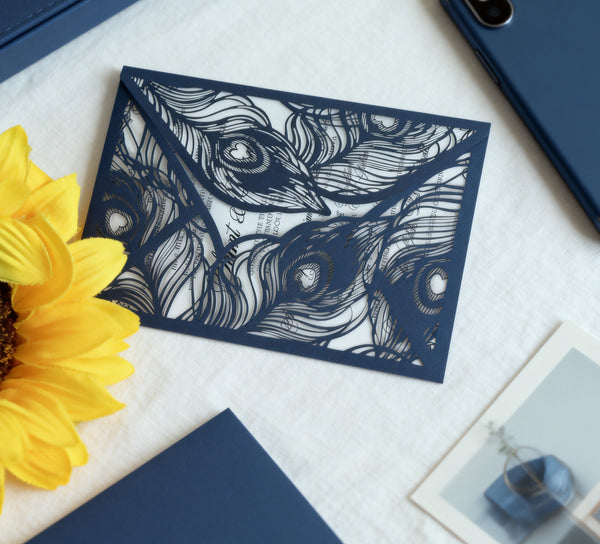 50pcs Pearl Navy Blue laser cut wedding invitations cards,lace invitation cards for birthday engagement bridal invite sleeve - Kdecoration