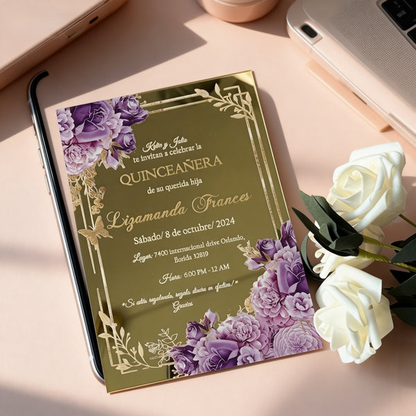 10pcs Mirror Gold Acrylic invitation,small Acrylic Quinceanera cards,Acrylic Birthday Invitation Cards