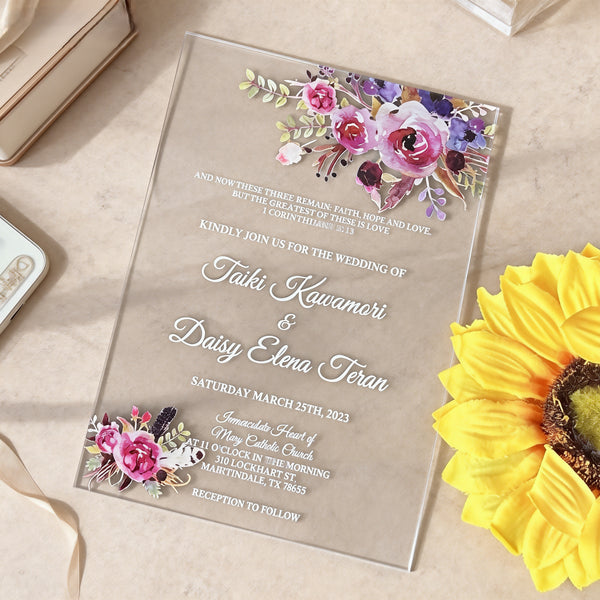 Flowers Acrylic Wedding Invitation,Transparent Acrylic Invitation,Acrylic menu,10pcs