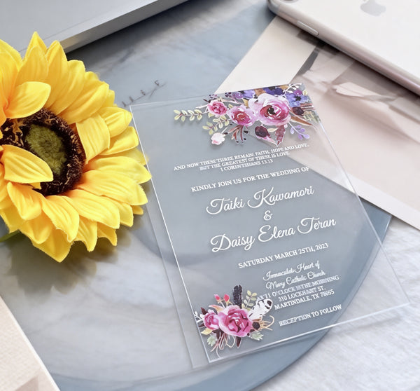 Flowers Acrylic Wedding Invitation,Transparent Acrylic Invitation,Acrylic menu,10pcs