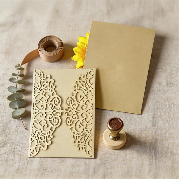 10pcs Begie Gold laser cut wedding invitations,laser cut wedding invite cards,Birthday Greeting Cards