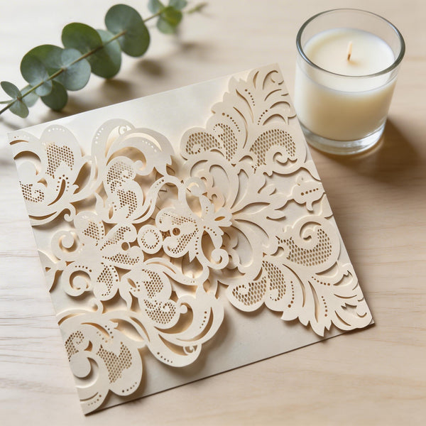10Pcs Elegant Pearl Ivory Laser Cut Wedding Invitations, Luxury Floral Lace Invite Cards for Bride Shower, Quinceañera, Engagement Party Decoration