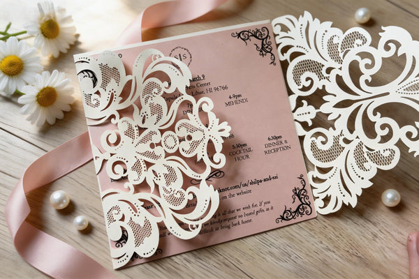 10Pcs Elegant Pearl Ivory Laser Cut Wedding Invitations, Luxury Floral Lace Invite Cards for Bride Shower, Quinceañera, Engagement Party Decoration