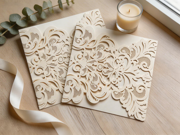 10Pcs Elegant Pearl Ivory Laser Cut Wedding Invitations, Luxury Floral Lace Invite Cards for Bride Shower, Quinceañera, Engagement Party Decoration