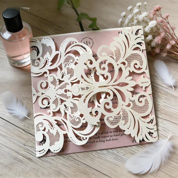 10Pcs Elegant Pearl Ivory Laser Cut Wedding Invitations, Luxury Floral Lace Invite Cards for Bride Shower, Quinceañera, Engagement Party Decoration