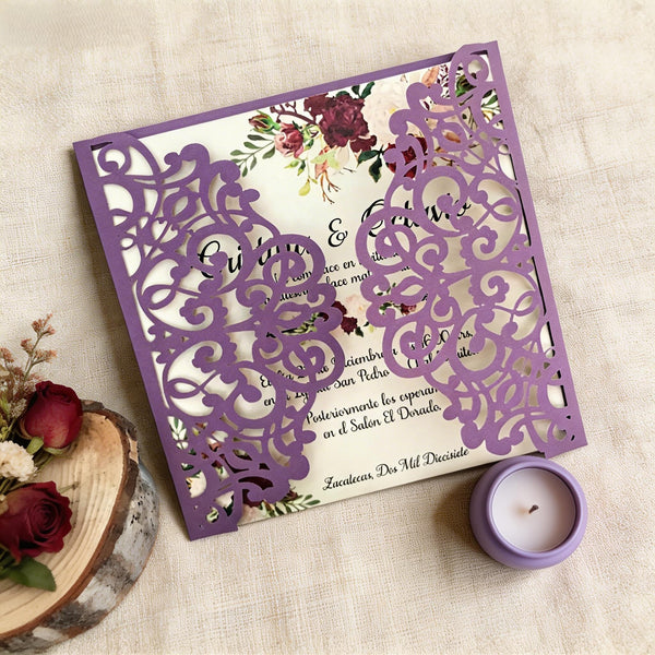 10pcs Pearl Purple laser cut wedding invitations cards,laser cut invite card,lace invitations cards