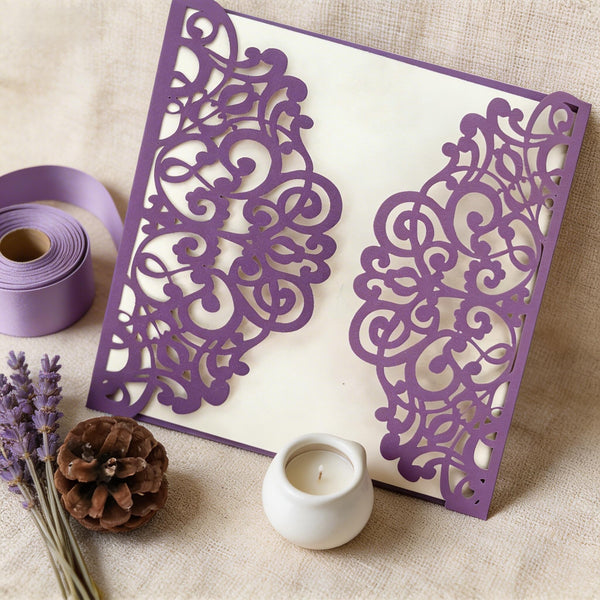 10pcs Pearl Purple laser cut wedding invitations cards,laser cut invite card,lace invitations cards
