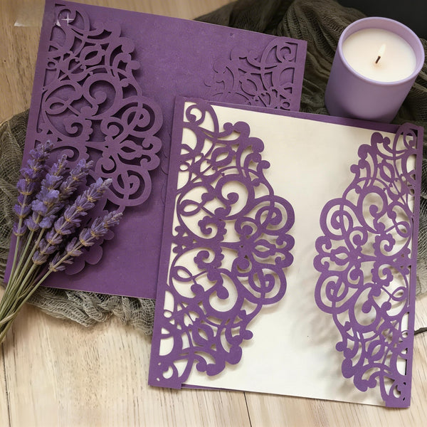 10pcs Pearl Purple laser cut wedding invitations cards,laser cut invite card,lace invitations cards