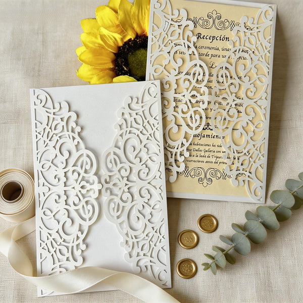Pearl white 10pcs Laser Cut Wedding Invitations cards. Floral custom Engagement Invitation Cards - Kdecoration