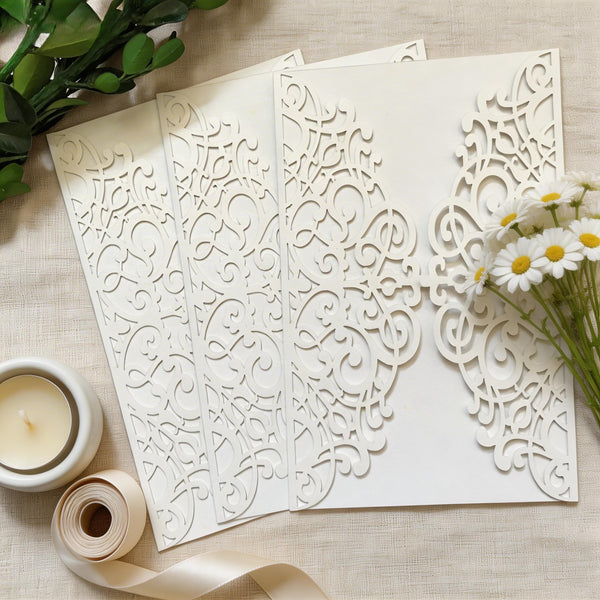 Pearl white 10pcs Laser Cut Wedding Invitations cards. Floral custom Engagement Invitation Cards - Kdecoration