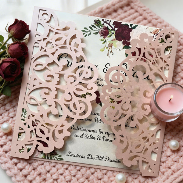 Laser Cut Wedding Invitations,10pcs Hollow Floral Lace Invite Cards, Romantic Engagement & Bridal Shower Greeting Cards, Luxury Party Supplies