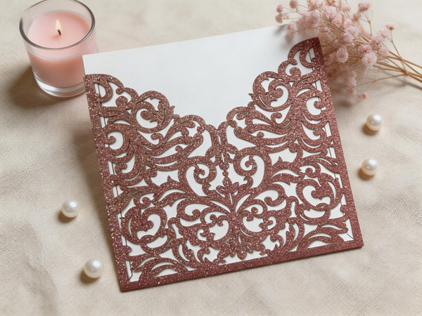 10pcs Glitter Rose Gold Pocket Eco Friendly wedding invitations Card,Elegant Laser Cut Invitation Cards - Kdecoration