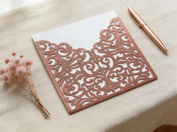 10pcs Glitter Rose Gold Pocket Eco Friendly wedding invitations Card,Elegant Laser Cut Invitation Cards - Kdecoration
