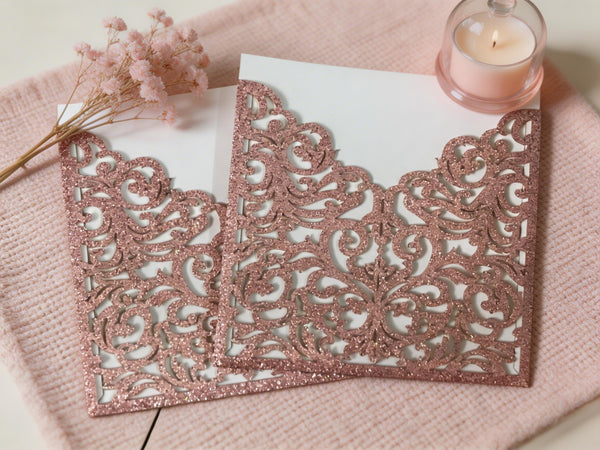 10pcs Glitter Rose Gold Pocket Eco Friendly wedding invitations Card,Elegant Laser Cut Invitation Cards - Kdecoration