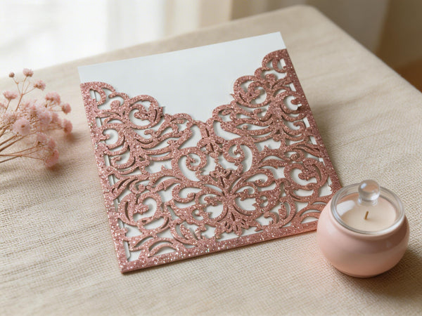 10pcs Glitter Rose Gold Pocket Eco Friendly wedding invitations Card,Elegant Laser Cut Invitation Cards - Kdecoration