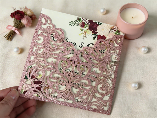 10pcs Glitter Rose Gold Pocket Eco Friendly wedding invitations Card,Elegant Laser Cut Invitation Cards - Kdecoration