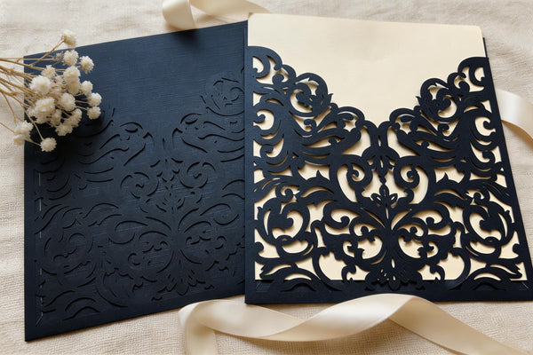 10pcs Deep Blue Laser Cut Wedding Invitations Card,Pocket Invitation Sleeve,Invitations,Pockets Invites Cover - Kdecoration