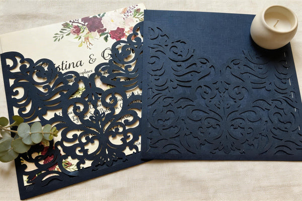 10pcs Deep Blue Laser Cut Wedding Invitations Card,Pocket Invitation Sleeve,Invitations,Pockets Invites Cover - Kdecoration