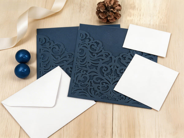 10pcs Deep Blue Laser Cut Wedding Invitations Card,Pocket Invitation Sleeve,Invitations,Pockets Invites Cover - Kdecoration