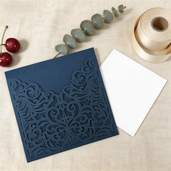 10pcs Deep Blue Laser Cut Wedding Invitations Card,Pocket Invitation Sleeve,Invitations,Pockets Invites Cover - Kdecoration