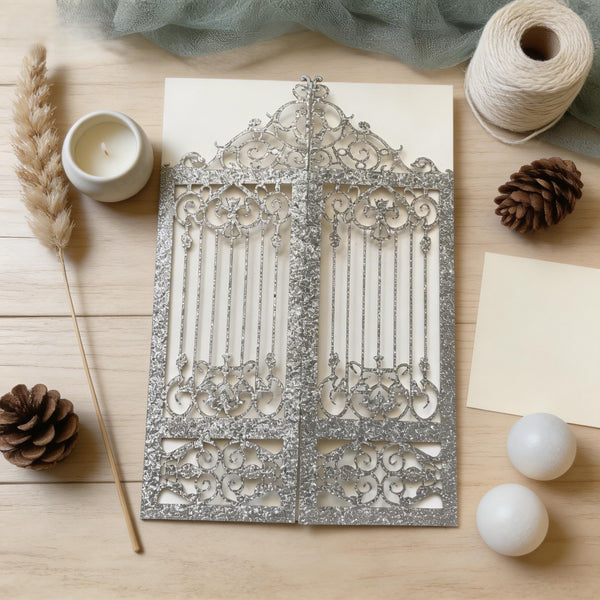 10pcs Glitter Silver Laser Cut Wedding Cards,Engagement Invitations,Bridal Shower Invitations cards - Kdecoration