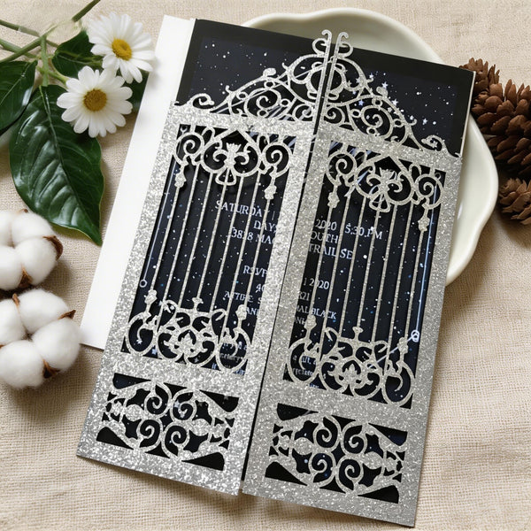 10pcs Glitter Silver Laser Cut Wedding Cards,Engagement Invitations,Bridal Shower Invitations cards - Kdecoration