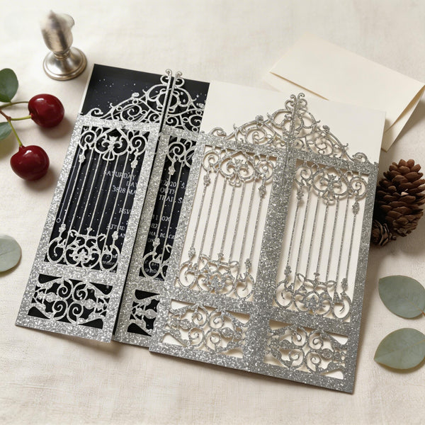 10pcs Glitter Silver Laser Cut Wedding Cards,Engagement Invitations,Bridal Shower Invitations cards - Kdecoration