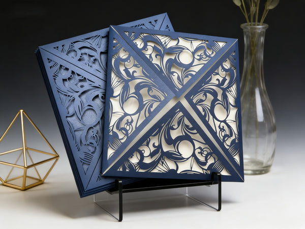 10pcs Navy Blue 4 Flaps Flower Wedding Invitations.romantic wedding invitations,save the date business - Kdecoration