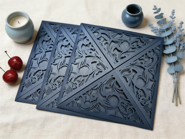 10pcs Navy Blue 4 Flaps Flower Wedding Invitations.romantic wedding invitations,save the date business - Kdecoration