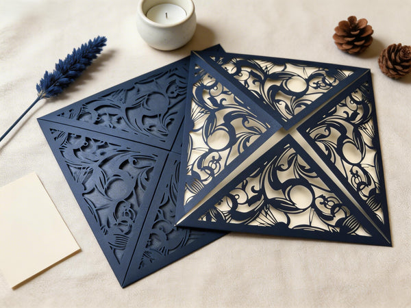 10pcs Navy Blue 4 Flaps Flower Wedding Invitations.romantic wedding invitations,save the date business - Kdecoration
