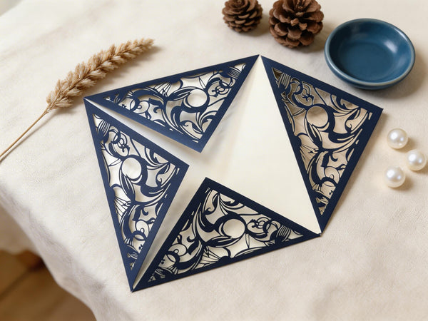 10pcs Navy Blue 4 Flaps Flower Wedding Invitations.romantic wedding invitations,save the date business - Kdecoration
