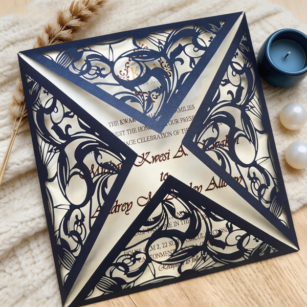 10pcs Navy Blue 4 Flaps Flower Wedding Invitations.romantic wedding invitations,save the date business - Kdecoration