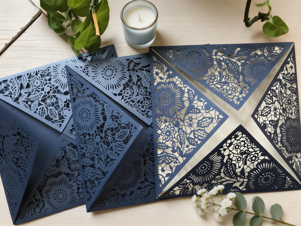 10pcs Pearl Navy Blue Laser Cut Wedding Cards,custom laser cut Wedding Invitations cards,birthday party invitations covers,bridal shower invitation cards - Kdecoration
