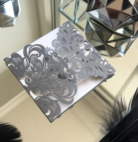 10pcs Pearl Silver Laser Cut Wedding Invitations, Elegant Rustic Lace Bridal Shower Invite, Shimmer Birthday Greeting Cards - Kdecoration