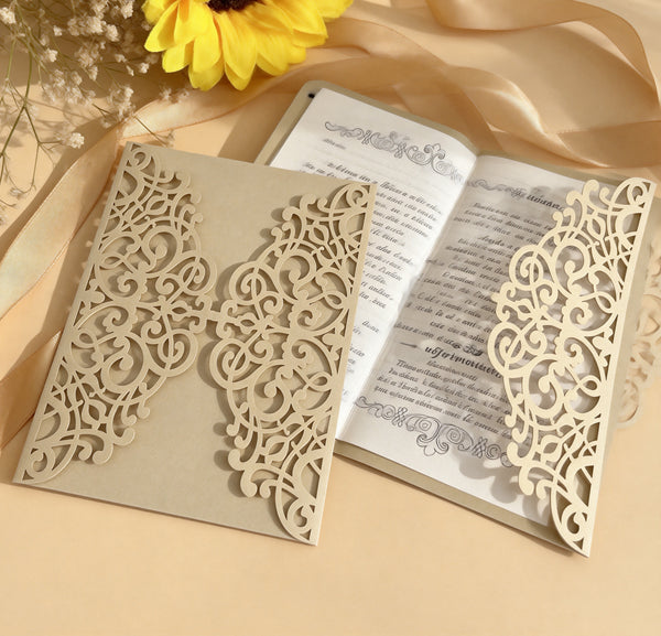 10pcs Begie Gold laser cut wedding invitations,laser cut wedding invite cards,Birthday Greeting Cards