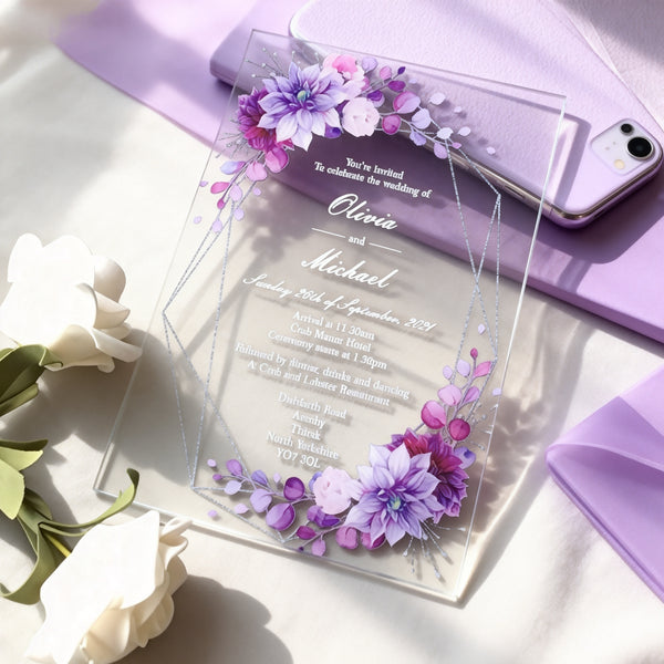 Purple Customize Acrylic Menu Cards,Acrylic Wedding Invitations,Transparent Acrylic Invitation 10pcs
