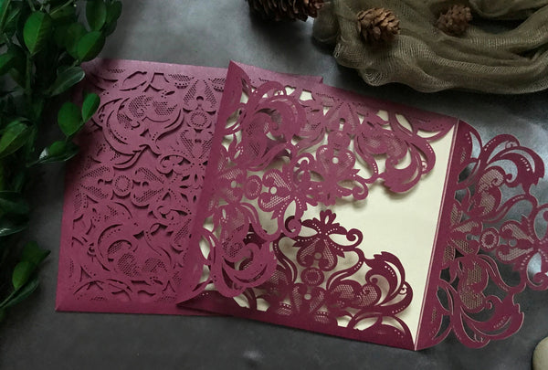 10pcs pearl Burgundy Red 4plaps laser cut invitations cards,laser cut invite cards,birthday invitation cards,sample invitation cards,engagement invitation card