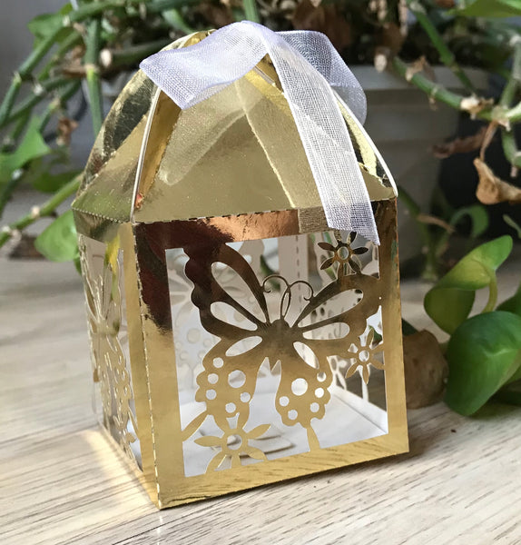50pcs Butterfly Laser Cut Gift Box,Small Favor Boxes, 5x5x8.5cm,Gold Chocoalte Boxes,Candy Boxes