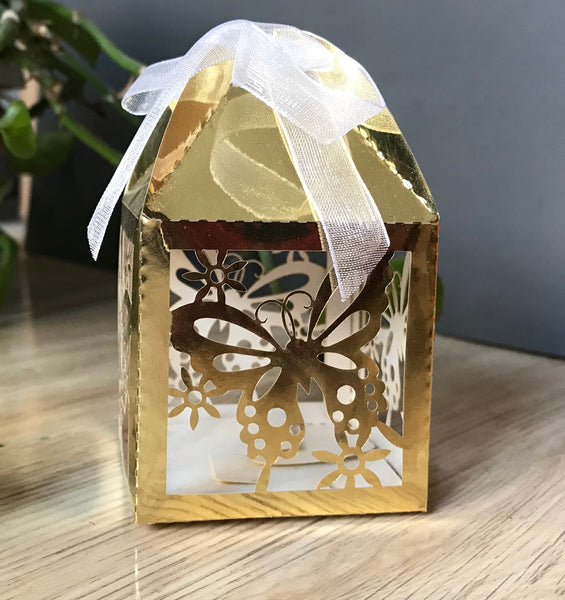 50pcs Butterfly Laser Cut Gift Box,Small Favor Boxes, 5x5x8.5cm,Gold Chocoalte Boxes,Candy Boxes