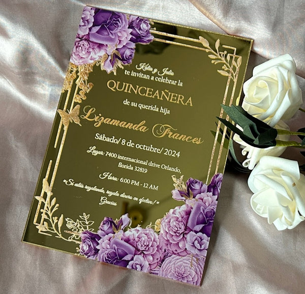 10sets Custom Mirror Gold Acrylic Quinceanera Invitation,Birthday Greeting Cards,Invitation Cards - Kdecoration