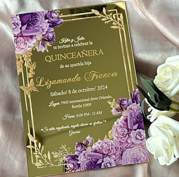 10sets Custom Mirror Gold Acrylic Quinceanera Invitation,Birthday Greeting Cards,Invitation Cards - Kdecoration