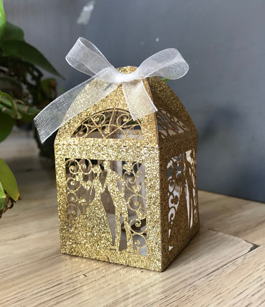 100pcs Glitter Gold Love Laser Cut Wedding Favor Boxes,Bridal Shower gift boxes with Ribbon - Kdecoration