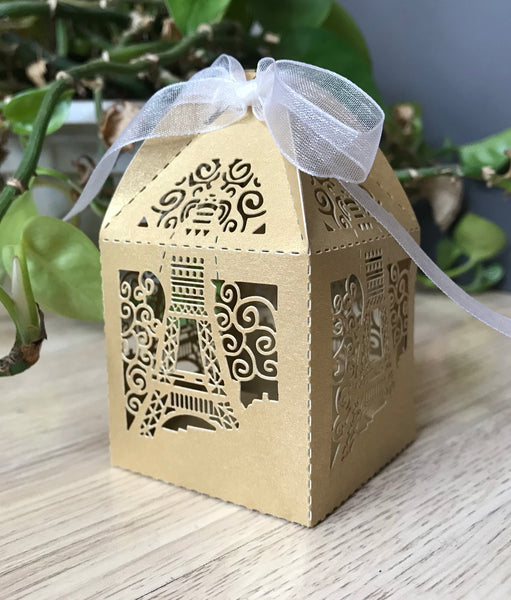 100pcs Pearl Begie Gold Gift Boxes with Ribbon,Laser Cut Candy Boxes,laser cut wedding favor boxes - Kdecoration