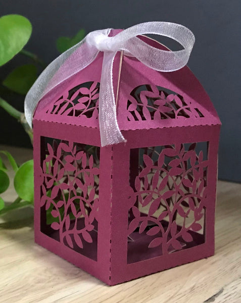 100pcs pearl burgundy red leaf Laser Cut favor Boxes with Ribbons,laser cut wedding gift boxes - Kdecoration