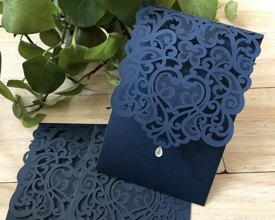 50pcs linen dark navy blue pocket style laser cut invitations cards,wedding invite covers - Kdecoration