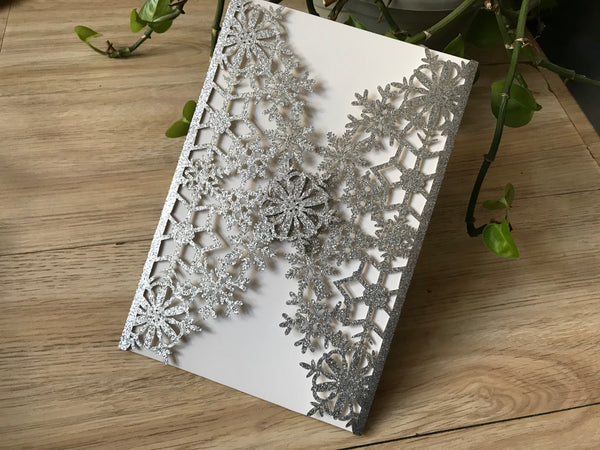 50pcs Glitter Silver Snowflake laser cut Wedding Invitations cards,Laser Cut Invitations Card,Laser Cut Wedding Cards,engagement invitation cards,bridal shower invitation cards - Kdecoration