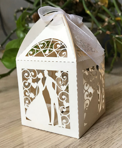 100pcs pearl cream Laser Cut wedding gift Boxes with Ribbons,wedding favors for guests - Kdecoration